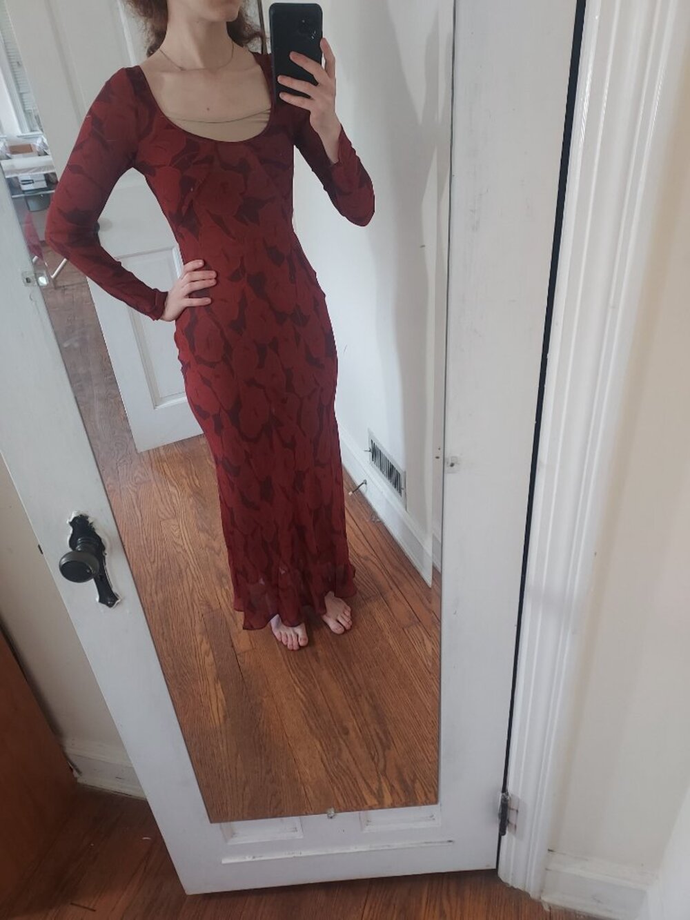Realisation Par The Inka Calla Lily Red Maxi Long Sleeve Silk Dress